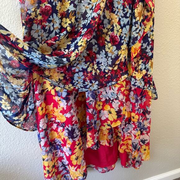 Lulu’s Red Radiant Ruby Floral Chiffon Asymmetrical Dress Size XL - Picture 6 of 7